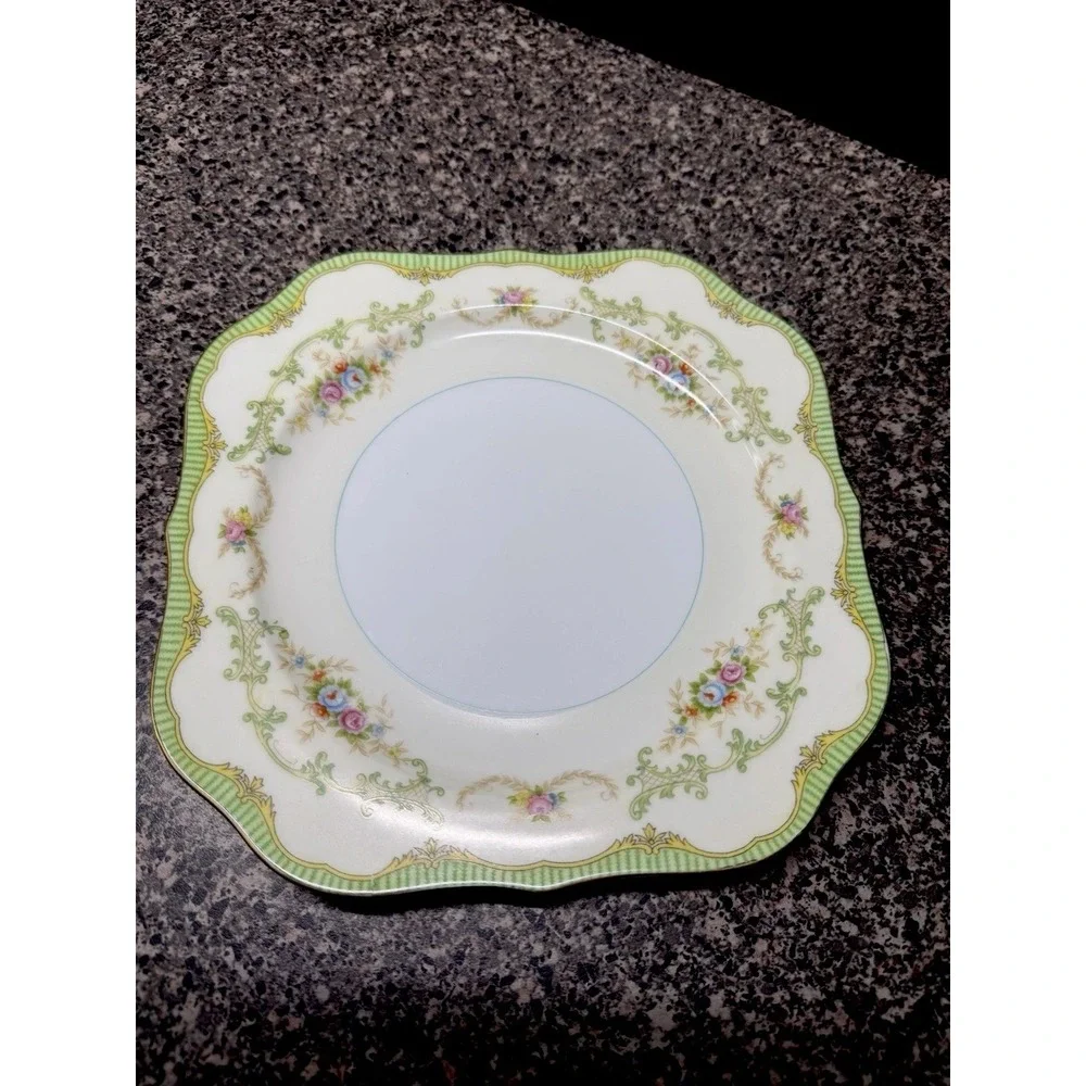 1930s Noritake Marlene Square Salad Plates Scalloped Set of 2 Floral Gold Japan